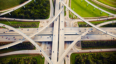 Overhead view of multiple highway overpasses